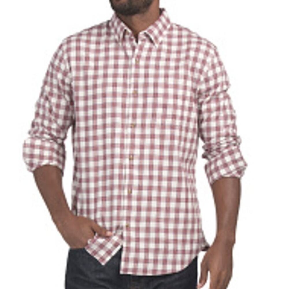 J. Crew Jaspe Cotton Shirt Men M Slim Fit Red White Gingham Check Long Sleeve